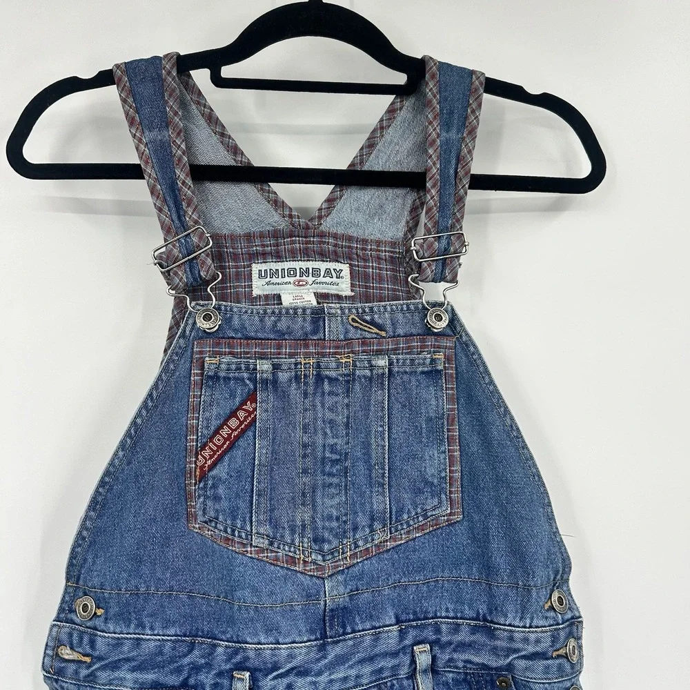 Vintage 90s Unionbay Kids L Denim Overalls Plaid Carpenter Grunge Boys Girls